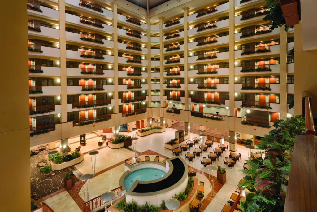 A view of the lobby at the Embassy Suites Cool Springs as seen from one of the rooms
