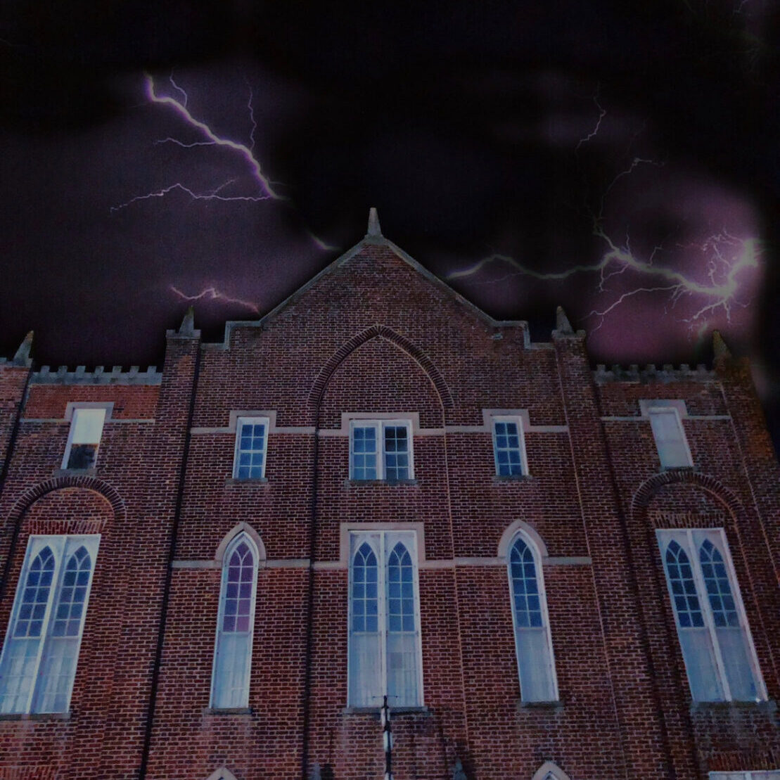 A spooky building in a storm